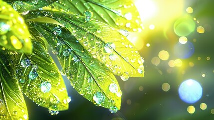 Wall Mural - Dew drops on vibrant green leaves, sunlit background.