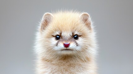 Wall Mural - Adorable fluffy yellow weasel kit looking directly at the camera against a neutral background.