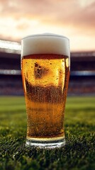 glass of beer inside a soccer field with stands on a sunset with copy space vertically 9:16