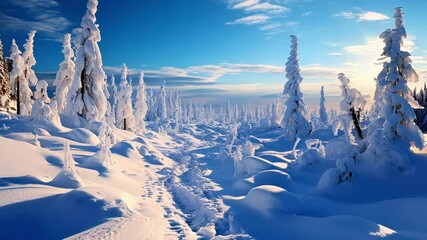 Wall Mural - footprints are marking the way through deep snow in a pristine forest covered with fresh powder as t