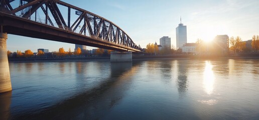 Wall Mural - A serene riverside scene featuring a bridge and city skyline.