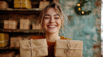 A smiling woman presenting craft-wrapped gift boxes, exuding joy and warmth in a festive holiday scene, surrounded by rustic decorations and glowing lights