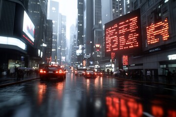 Wall Mural - A rainy urban street scene with glowing billboards and cars.