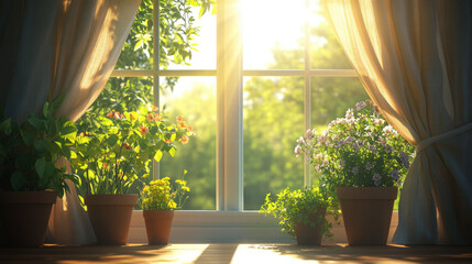 A sunny window with potted plants and flowers, morning light shining through the curtains. The background is an open field of trees