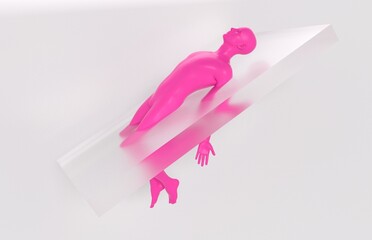 Wall Mural - pink plastic human figure stuck in transparent glass on white background. abstract surreal 3d illust