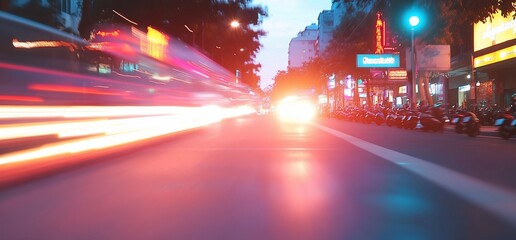 Wall Mural - A blurred night scene of a busy street with moving vehicles.