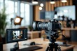 © LifeMedia - Digital camera with large lens mounted on a tripod in a modern studio environment with blurred background, highlighting technology and media production tools.