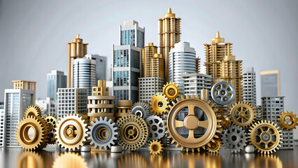 Wall Mural - Abstract cityscape with gears integrated into buildings concept as A cityscape where buildings incorporate gears within their structures symbolizing industrial innovation in urban development; ample c