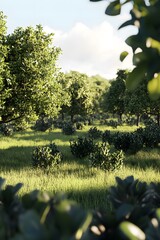 Wall Mural - Lush green meadow with trees and bushes under sunlight.