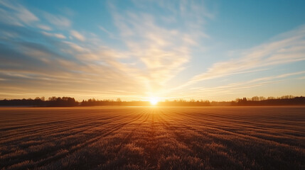 Wall Mural - breathtaking sunrise over a serene field with golden hues and soft clouds in the early morning sky