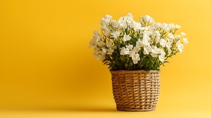 White flowers in wooden basket on yellow spring background 3D Rendering