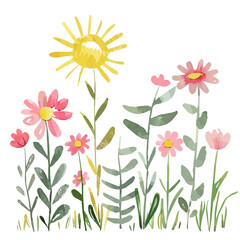 Wall Mural - A watercolor painting of soft spring sunshine on flowers, isolated on a white background. Soft spring sunshine on flowers vector.
