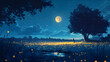 © axel - Beautiful landscape at night by moon shining and a siluett watching at thousands of fireflies Calm lofi style and vibrant colors