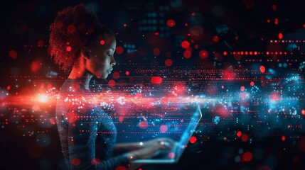 Woman coding on laptop, digital data streams flow.