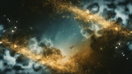 A breathtaking view of a cosmic nebula with shimmering golden stars amidst a dark blue and black backdrop, creating a sense of wonder and infinity.