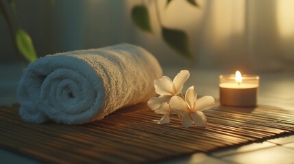 A rolled towel sits on a bamboo mat next to a lit candle and a delicate flower setting a serene spa ambiance. The soft lighting enhances the calming environment perfect for relaxation