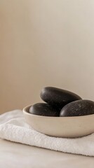 A bowl filled with smooth black hot stones rests on a white towel set against a soft beige background enhancing the serene spa ambiance with minimalist design elements