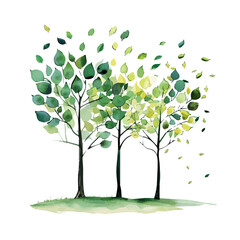 Wall Mural - A watercolor drawing of spring leaves gently falling from trees, isolated on a white background. Spring leaves gently falling from trees vector.
