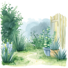 Wall Mural - a watercolor drawing of spring morning mist over a meadow, isolated on a white background. spring mo