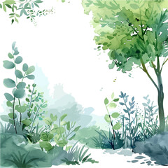 Wall Mural - a watercolor drawing of spring morning mist over a meadow, isolated on a white background. spring mo