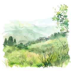 Wall Mural - a watercolor painting of spring morning mist over a meadow, isolated on a white background. spring m