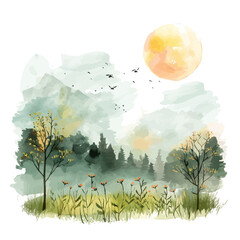 Wall Mural - a watercolor painting of spring morning mist over a meadow, isolated on a white background. spring m