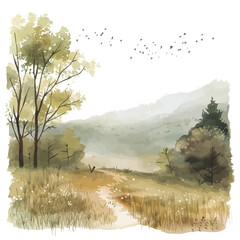Wall Mural - a watercolor painting of spring morning mist over a meadow, isolated on a white background. spring m