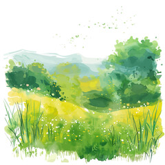 Wall Mural - a watercolor painting of spring morning mist over a meadow, isolated on a white background. spring m