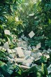 © AssanAI.Studio - Lush Green Leaves Surrounding Floating White Papers in Nature Scene