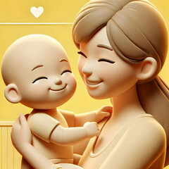 Sticker - 3D Close Up Mother Baby Smiling Yellow Background Emotional Bond Copy Space