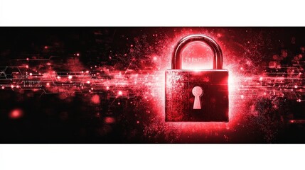 Wall Mural - Red glowing digital lock graphic against dark background with light trails and circuitry design. Represents cybersecurity and data protection.