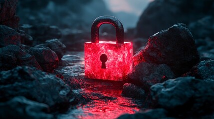 Wall Mural - A red-hot glowing padlock sits among dark rocks. The lock symbolizes security, protection, and data safety in a dangerous digital environment.