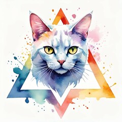 Sticker - cat with triangle and colorful on white background