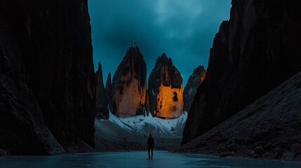 Wall Mural - Silhouette of person in frozen lake with dramatic mountain peaks at dusk.