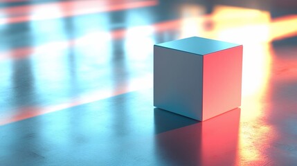 Poster - Minimalist cube on reflective surface with neon lights.
