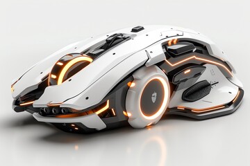Futuristic white computer mouse with orange accents.