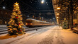 © Wasin Arsasoi - Winter Wonderland Train Station: A picturesque scene of a snow-covered train station adorned with Christmas trees and twinkling lights, with a train arriving in the evening.