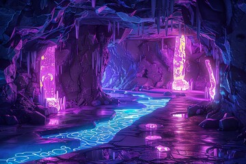 Wall Mural - Glowing crystals illuminate a mystical cave with a neon blue river.