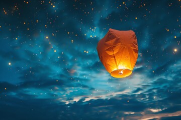 Wall Mural - Glowing sky lantern floats amidst night sky.