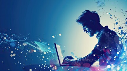 Digital Nomad: A Silhouette of a Man Working on his Laptop in a Futuristic Setting