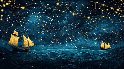 Wall Mural - The intricate pattern of constellations in the night sky guided sailors across the open sea, navigating by the light of the stars. Constellation. Illustration