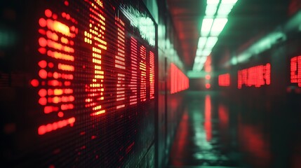 Red digital displays line a futuristic corridor