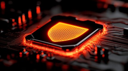 Wall Mural - A close-up of a computer chip with a glowing orange shield icon symbolizing cybersecurity and data protection on a dark circuit board.