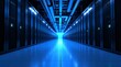 © Stock Photo Zone - Deep Blue Data Center Corridor: A Futuristic Server Room with Glowing Lights and Industrial Piping Overhead, Viewed from the Center