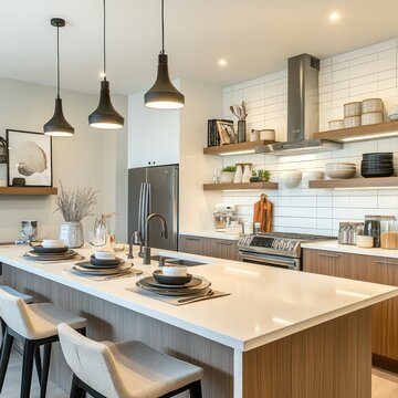 View of an elegant modern kitchen with nice furnishings.