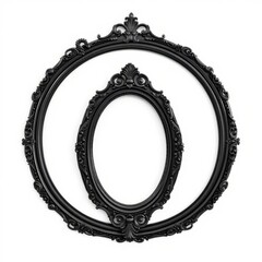 Ornate black vintage frames, Baroque style, Oval shape, Intricate details, Symmetrical design, Empty center, Antique picture frames, Gothic aesthetic, Dark background, High contrast, Decorative moldin