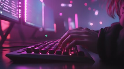 Software developer typing on a AI generated illustration