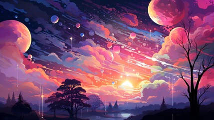 Wall Mural - Surreal sunset landscape with floating balloons and planets.
