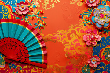 Chinese Fan Copy Space on Red Background with Traditional Asian Decorative Symbols for Lunar New Year 2025 Wooden Snake