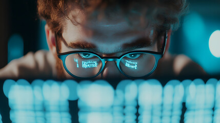 Focused hacker typing intensely with glowing code on screen